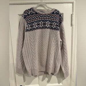 Brooks Brothers Cream and Blue Patterned Merino Wool Crewneck Sweater